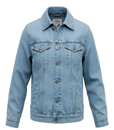 A light blue denim jacket with a classic collar, button-up front, and two buttoned chest pockets, shown on a plain white background.