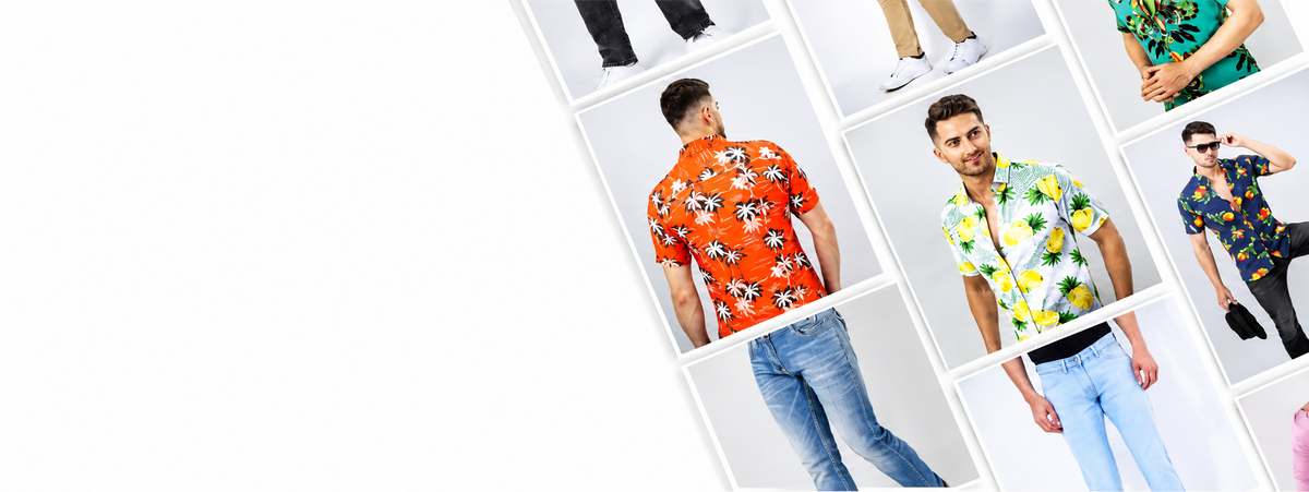 A collage of men modeling short-sleeve button-up shirts in different colors and patterns, including yellow, orange, blue, and floral prints, set against a white background with a large blank white space on the right.